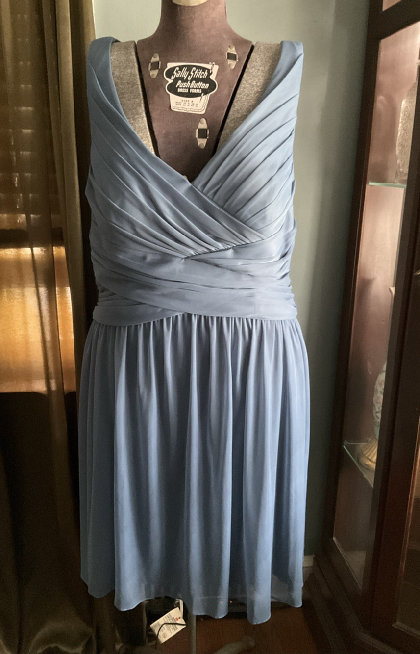 David’s Bridal Dress 14 Steel Blue Knee Length Chiffon Pleat Bridesmaid Cocktail